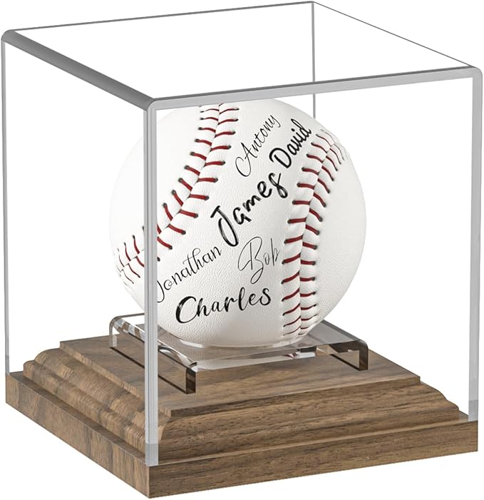 Baseball Case Display for Balls Walnut Wood Base Acrylic Baseball Display Case Baseball Holder Stand Cube Memorabilia Showcase Autograph Ball Protector for Official Size Ball Display