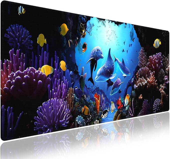 Wknoon. Extra Large Gaming & Office Mouse Pad (31.5" x 11.8") – Colorful Underwater World Landscape Cute Dolphins, Premium Anti-Slip XXL Desk Mat with Durable Stitched Edges