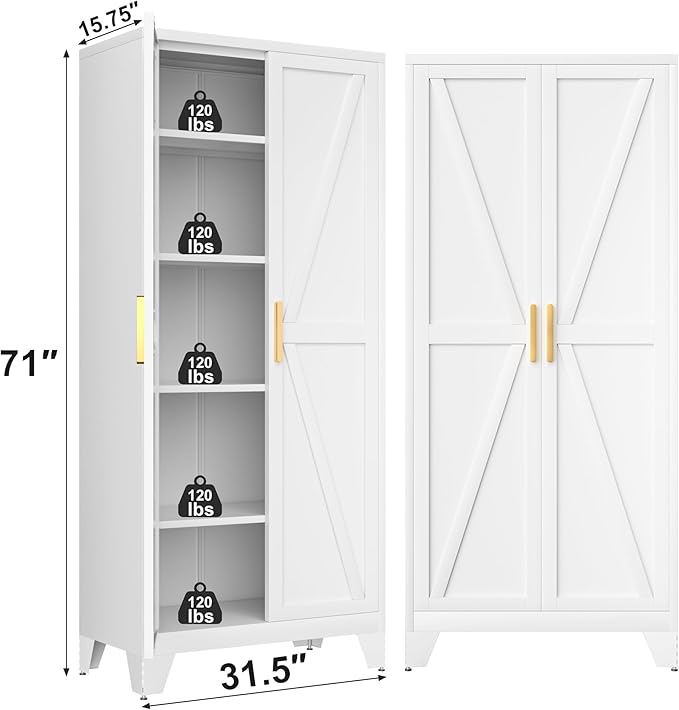 71H Tall Metal Storage Cabinet with 2 Doors and Adjustable Shelves,Farmhouse Storage Cabinet with Barn Doors,Pantry Storage for Home,Office,Dining Room,Kitchen,Bathroom(White)