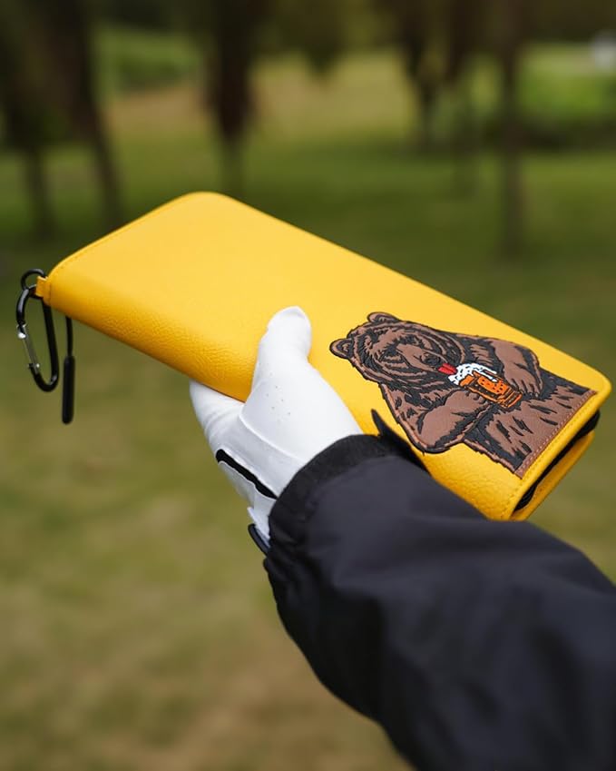 Golf Glove Holder Case for Accessories Portable Golfer Gifts for Men & Women Caddy Organizer Case with Storage Slots for Cards, Tees & Ball Markers Embroidered Beer Bear