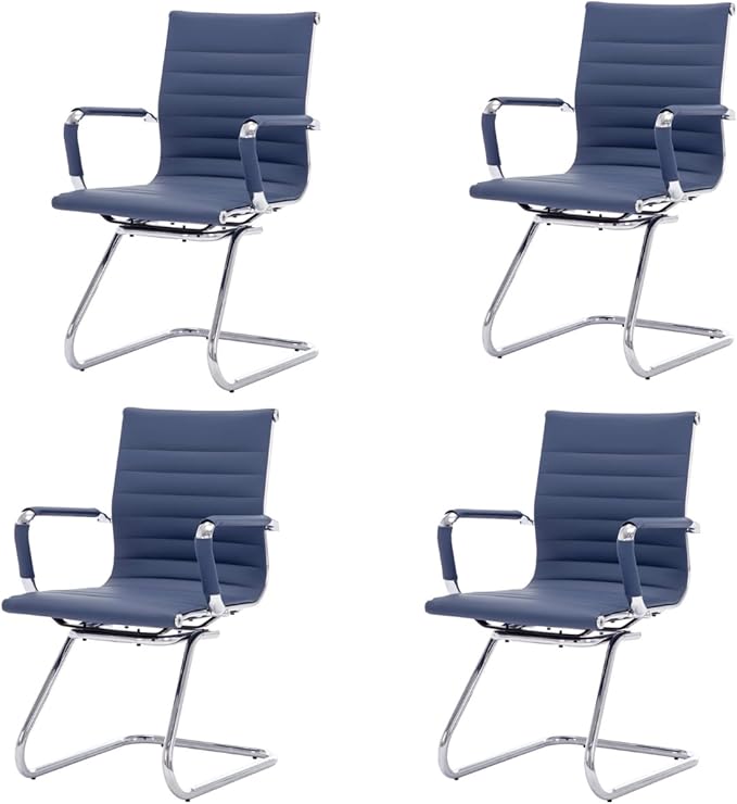 CIMOTA Waiting Room Chairs Leather Office Guest Chair Mid Back Reception Chairs with Sled Base for Meeting/Patient/Conference Room, Navy Set of 4