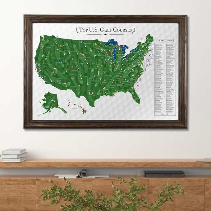 Push Pin Travel Maps Customizable Wall Art - Top Golf Courses USA Map - Solid Wood Brown - Framed Pin Map, Includes 150 Pins - Handcrafted in USA - 27.5" x 39.5"