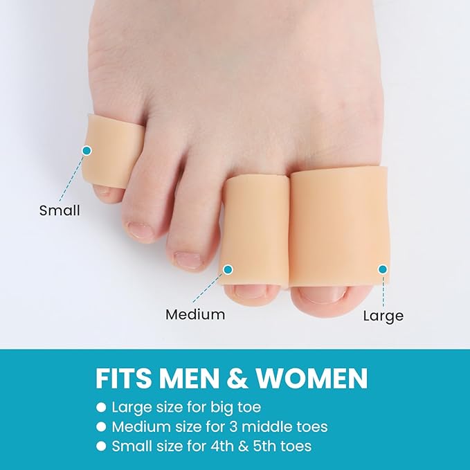 Povihome Toe Sleeves, Toe Protectors, 12 Pack Toe Tube Pads for Hammer Toe,Stubbed Toe,Corns, Calluses Protect (Medium Size, Beige)