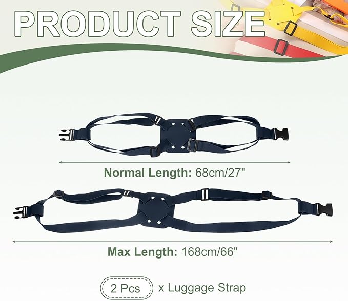 Adjustable Luggage Straps, Suitcase Elastic Strap Bag Bungee with Buckles Travel Accessories - Fitting for(Travel/Add A Bag/Securing Luggage), 27-66 Inch & 2Pcs & Dark Blue
