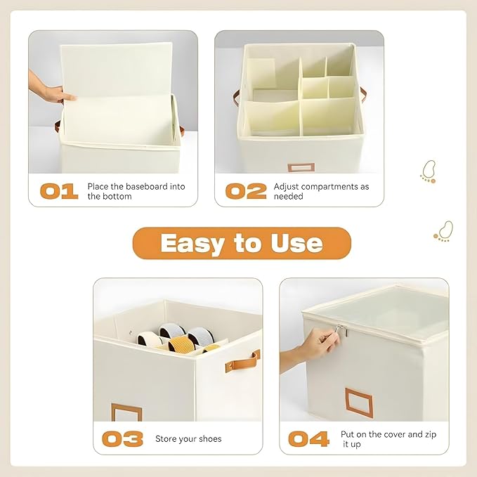 Atlodas Fabric Shoe Organizer Storage Box, 2 Pack Foldable Shoe Storage Organizer Box Bin with Adjustable Dividers and Clear Cover, Fits up to 8-16 Pairs (Gray)