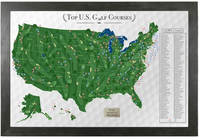 Push Pin Travel Maps Customizable Wall Art - Top Golf Courses USA Map - Rustic Black - Personalized Framed Pin Map, Includes 150 Pins - Handcrafted in USA - 27.5" x 39.5"