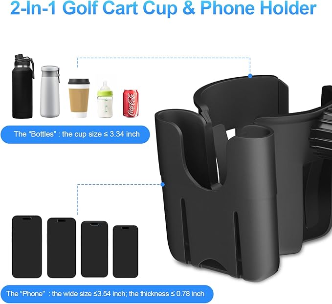 Golf Cart Cup Holder with Phone Holder, 2-in-1 Adjustable Universal Cup Phone Holder Front and Rear Seat Armrest Kit Accessories Compatible for EZGO/Club Car/Yamaha & Most Golf Carts