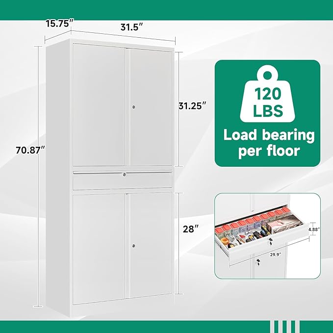 Letaya Metal Garage Storage Cabinet with Drawer,4 Door Tool Cabinet with Lock-2 Adjustable Shelves for Garage Home Office Utility Room (White)