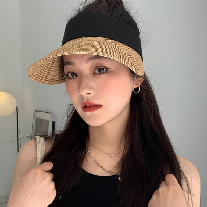 Women Straw Sun Visor Hat Wide Brim Summer UV Protection Beach Cap Foldable Packale Korean Style