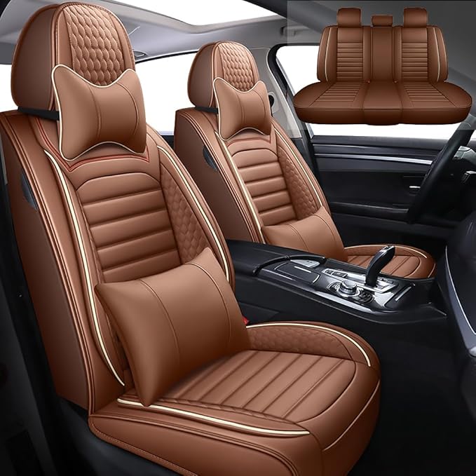 Leather Car Seat Covers for Volkswagen Golf 2001-2021,Car Seat Covers Full Set,Seat Covers with Safety,Waterproof Seat Cover Compatible Airbag(5pcs Coffee Luxury)