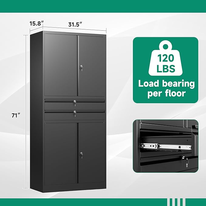 Letaya Metal Garage Storage Cabinet,71" Heavy Duty Steel Tool Cabinet with 4 Door Lock-Adjustable Shelves and 2 Drawer for Garage Home Office Utility Room (Black)