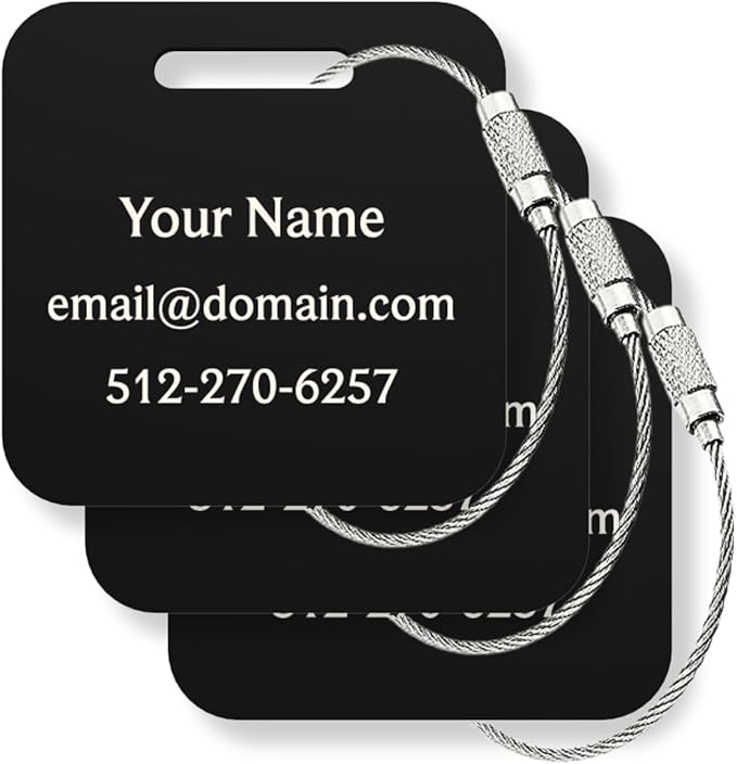 Custom Metal Luggage Tags (3 or 6 Pack) - Personalized Unique Suitcase & Backpack Travel, Durable, Waterproof & Heavy Duty (Black)