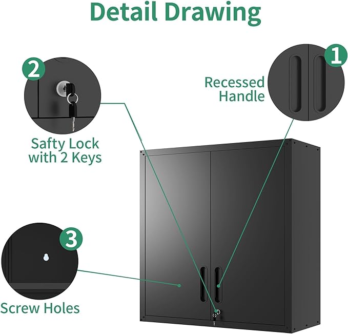 Metal Tool Cabinet,Garage Storage Cabinet System,Wall Cabinet & Locking Rolling Tool Cabinet with Doors and Adjustable Shelves,Steel Tool Cabinets for Home (2 Pcs-Wall-Style CC, Black)