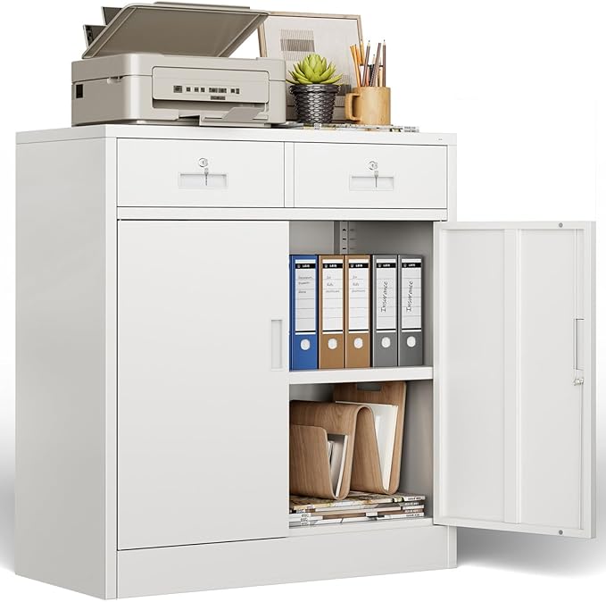 BESFUR 36" H Metal Storage Cabinet with 2 Lockable Drawers and 2 Lockable Doors, White Locking Cabinet with Adjustable Shelf, Metal Cabinet for Home Office, Garage,School, Warehouse, Utility Room