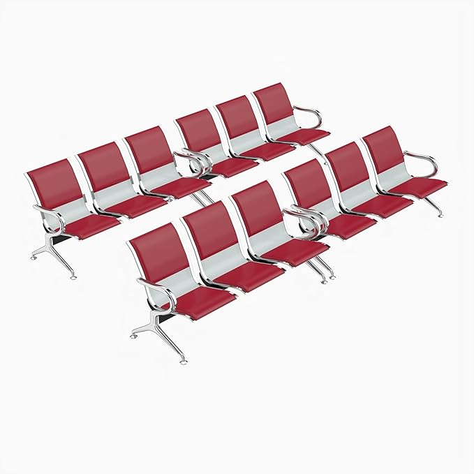 Kinfant Red 12-Seat Waiting Room Chairs with Arms – Heavy-Duty Steel Frame PU Leather Back & Cushioned Seat, Ergonomic Office Reception Guest Chair for Lobby, Clinic, Airport