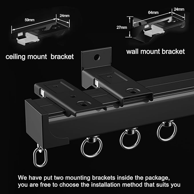 Aluminum Alloy Silent Curtain Tracks Ceiling Or Wall Mounted Curtain Rail Drapes Rail Room Dividers Sliding Curtain Rail (black, 3.5m)