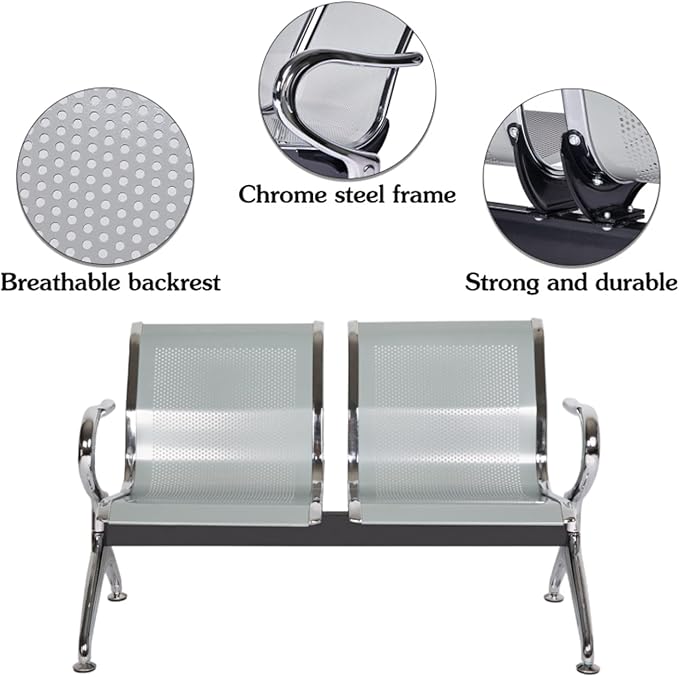 Kinfant Waiting Room Chair Bench - Guest Reception Chairs for Airport Hospital Bank Salon Barber Hall Room Conference (2-seat, Silver-Mesh)