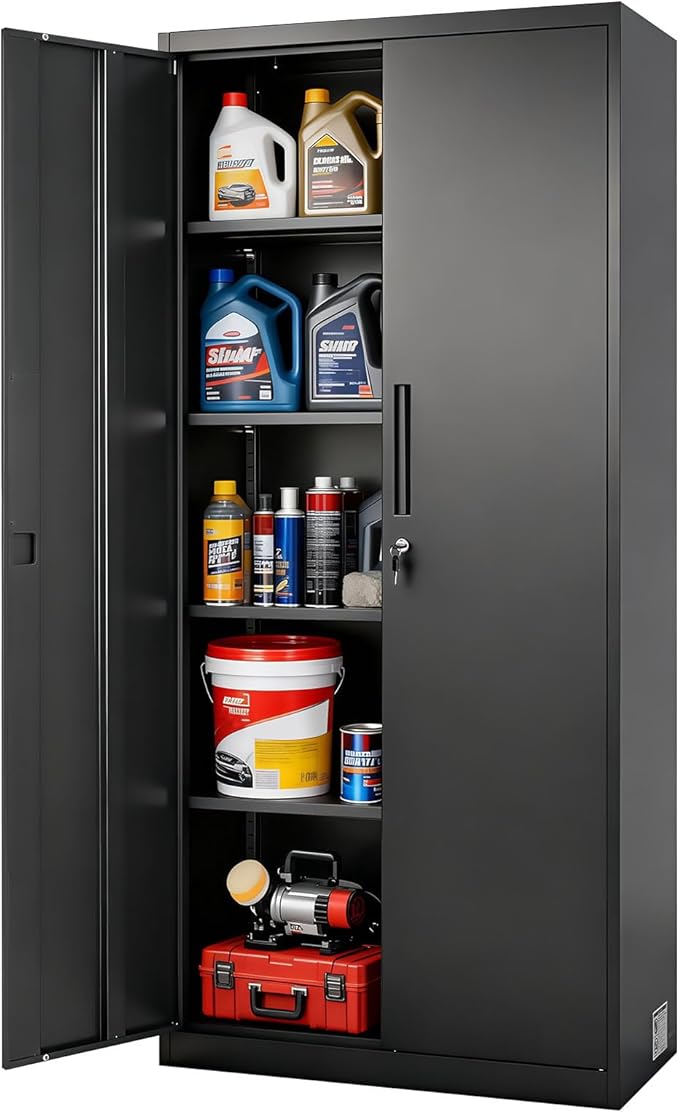 VEVOR Metal Storage Cabinet, Steel Garage Cabinet with Lockable Magnetic Doors and Adjustable Shelves, 2 Keys, 5-Tiers Tall Tool Cabinet Locker for Home, Office, Pantry, Warehouse, Laundry, Black