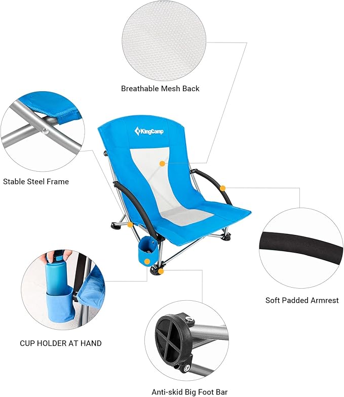 KingCamp Low Beach Chairs, Folding Portable Chair for Adults Lightweight Extra Wide Seat 300lbs Heavy Duty Oversized Backpack, Carry Bag for Camping