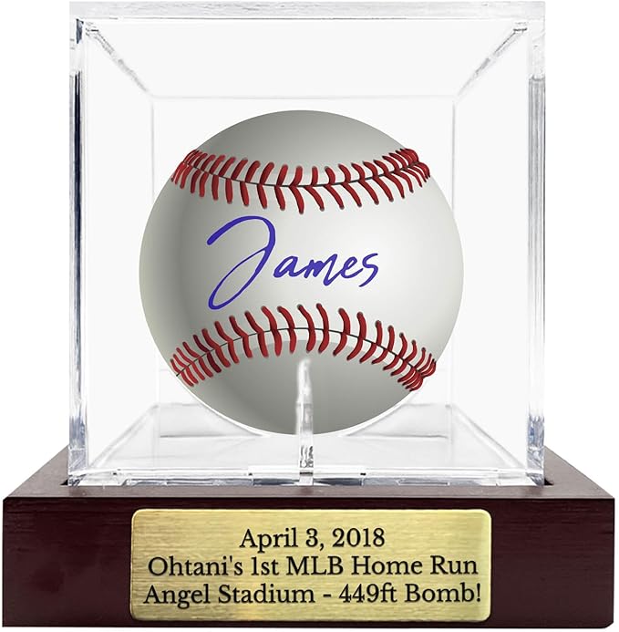 Custom Engraved Baseball Display Case - Personalized UV Protected Clear Acrylic Cube on Wooden Base with Metal Plate for Signed Baseballs and Memorabilia,Unique Gift for Baseball Collectors & Fans