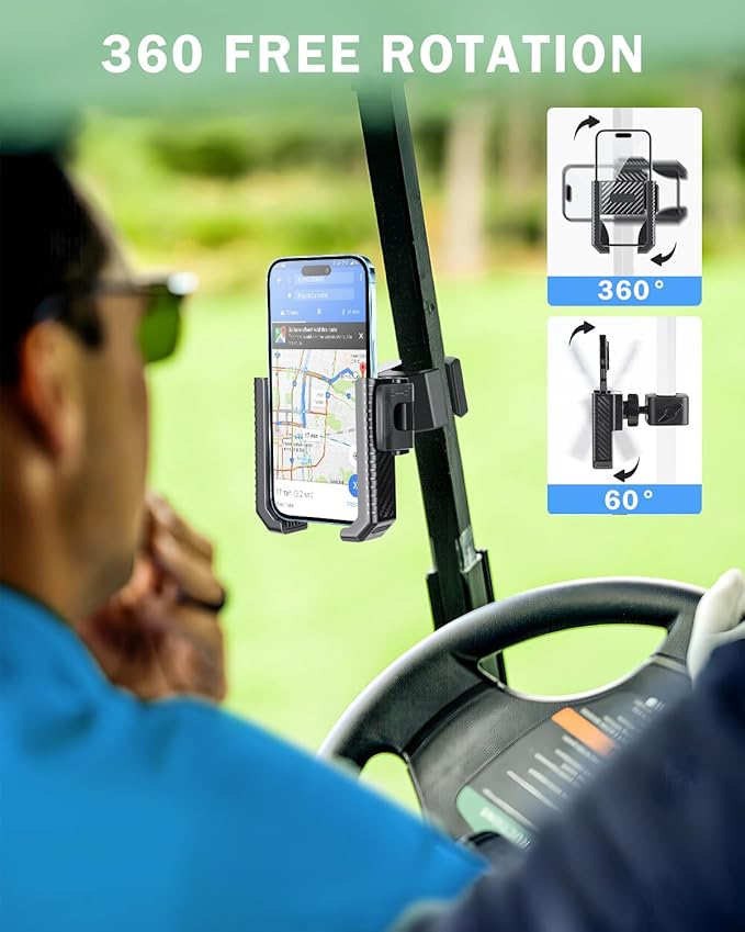 [Upgrade] Golf Cart Phone Mount Holder [Military-Grade Sturdy] with Security Double Lock Compatible with EZGO/Club Car/Yamaha, -360° Rotation with Anti-Scratch Pad [Big Phones & Thick Cases Friendly]