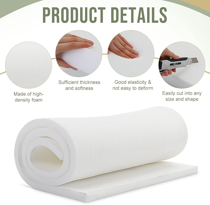 Frienda 2 Pcs Upholstery Foam 1" x 24" x 72" High Density Cushion White Polyurethane Craft Foam Padding for Seat Replacement DIY Projects Chairs Headboards Sofas Home