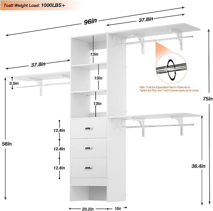 Armocity 96 Inches Closet System, 8FT Walk In Closet Organizer with 3 Shelving Towers, Heavy Duty Clothes Rack with 3 Drawers, Built-In Garment Rack, 96" L x 16" W x 75" H, Max Load 1000 LBS, White