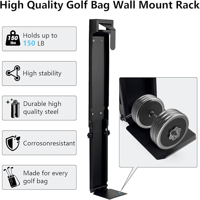 Wall Mount Golf Bag Storage Stand Organizer Rack for Garage,Golf Bag Storage,Tool-Free Length Adjustment,Golf Bag Wall Storage,Golf Storage Organizer for Garage,Clubs, Home, Basement