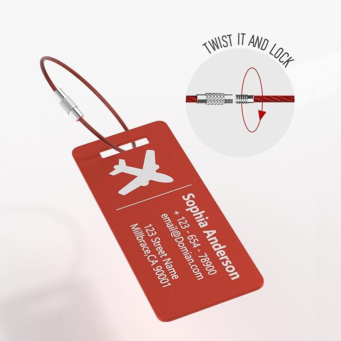 4 Pack Personalized Luggage Tags, Custom Engraved Aluminum Luggage Tags with Your Personalized Text, Waterproof Metal Name Tags with Steel Loop for Bags, Suitcase, Baggage, Backpack (Red, Small)