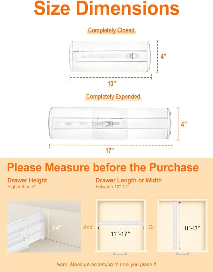 4 Pack Drawer Dividers for Clothes, 4" High 10"-17" Drawer Dividers Adjustable Expandable Dresser Drawer Organizers, Clear Dresser Separators for Clothes, Underwear, Baby Clothes, Cosmetic, Toiletries