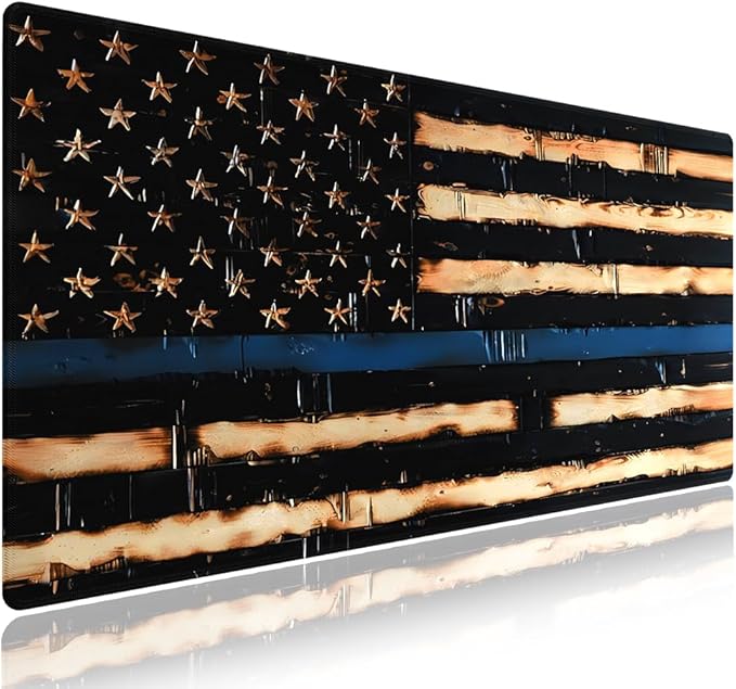 Wknoon. Extra Large Gaming & Office Mouse Pad (31.5" x 11.8") – Rustic Wood American Flag Retro US Thin Blue Line Design, Anti-Slip XXL Desk Mat with Durable Stitched Edges & Smooth Cloth Surface