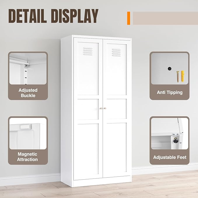 Yizosh Metal Storage Cabinet - 71" White Kitchen Pantry with 2 Doors and 5 Adjustable Shelves, 5-Tier Tall Steel Locker for Living Room, Dining Room