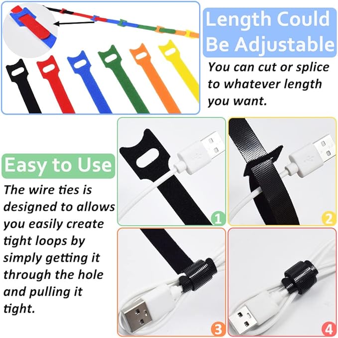 160pcs Cable Ties Reusable Colorful Wire Ties Cable Management Cord Ties Reusable for Electronics Hook and Loop Cable Ties for Computer 4 6 8 Inch with 6 Colors