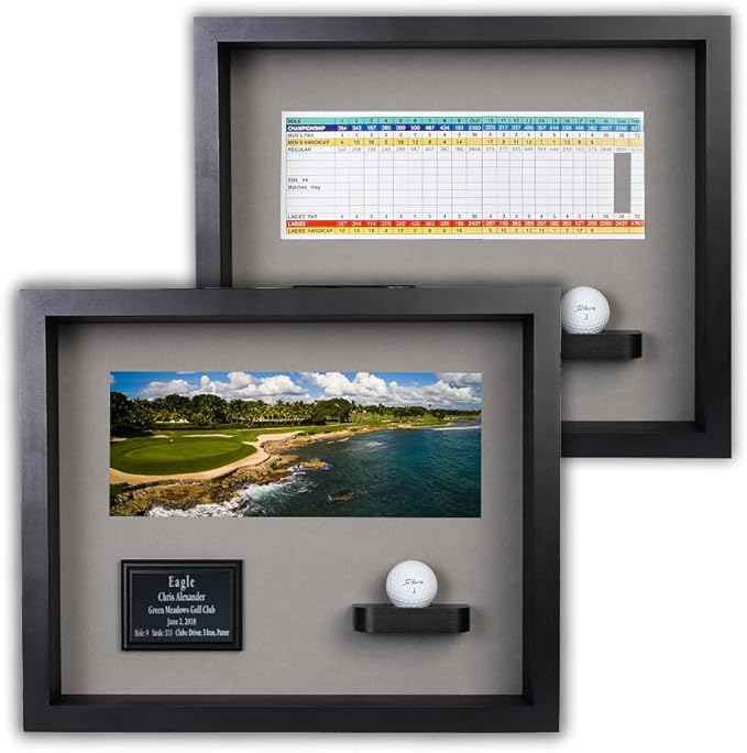Golf Eagle, Double Eagle or Albatross Shadowbox Display Case | Personalized Engraved Plate | Holds Golf Ball and Scorecard or Photo | Horizontal Layout | Wall Mounted (Black/Gray)