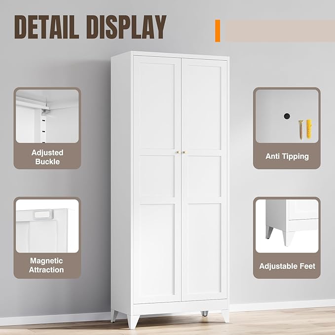 Yizosh Metal Pantry Cabinet, 75" Kitchen Pantry with 2 Door and 4 Adjustable Shelves,White Metal Pantry Storage Cabinet,Cupboard for Kitchen,Dining Room,Living Room and Bathroom