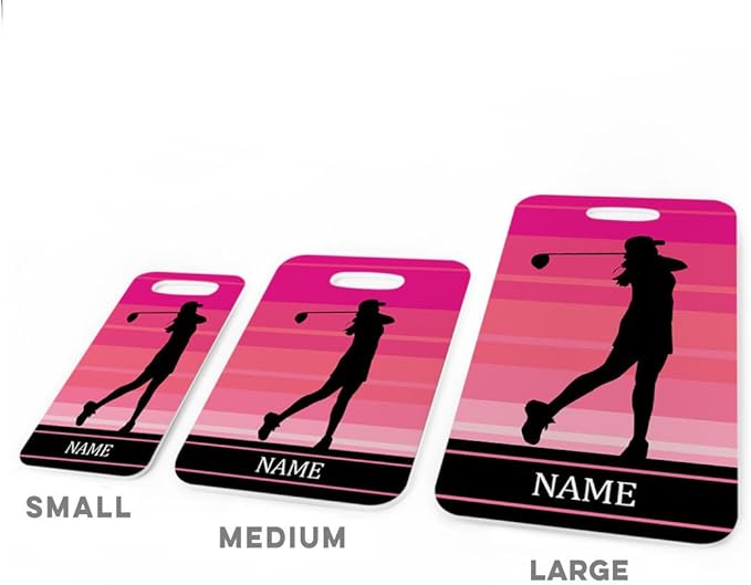 ChalkTalkSPORTS Golf Luggage & Bag Tag | Personalized Female Golfer | Standard Lines on Back | Small | Pink