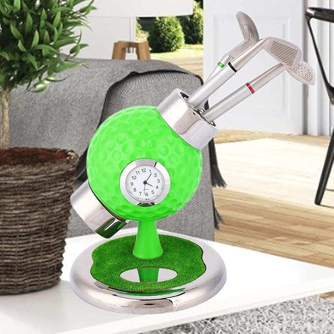 Golf Ball Shape Pen Holder, Desktop Pencil Vase with Clock, Zinc Alloy Pen Vase for Study Office Decor, Includes 3 Pens and Circular Base for Stability (Green)