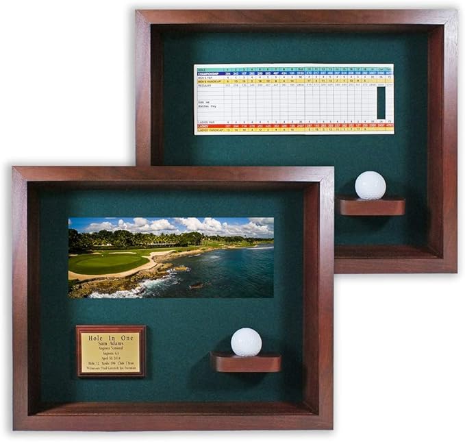 Hole in One Shadowbox and Golf Ball Display Case | Personalized Engraved Plate | Holds Golf Ball and Scorecard or Photo | Horizontal Layout | Cherry Finish | Wall Mounted