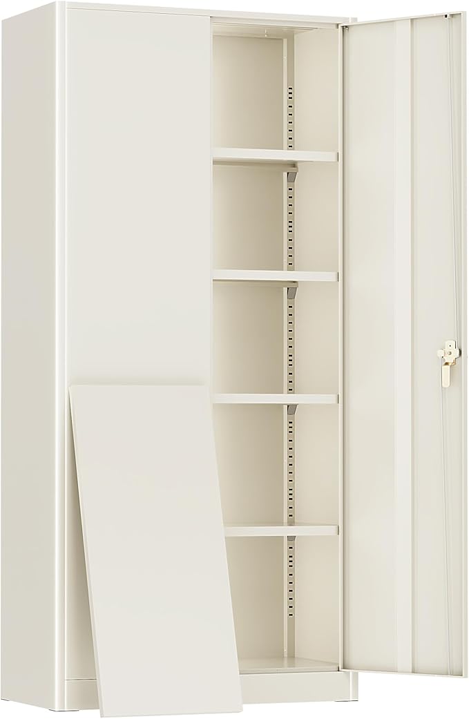 SUNCROWN 72" Metal Storage Cabinet - Heavy-Duty Metal Garage Cabinet with 4 Adjustable Shelves & 2 Doors for Tools, Office, Home, Workshop,Warm Grey