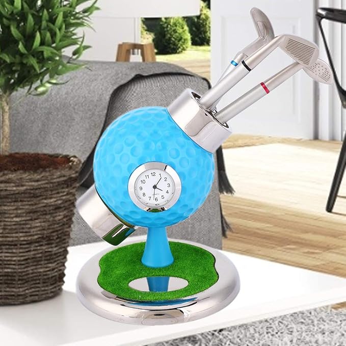 Golf Ball Shape Pen Holder, Desktop Pencil Vase with Clock, Zinc Alloy Pen Vase for Study Office Decor, Includes 3 Pens and Circular Base for Stability (Blue)
