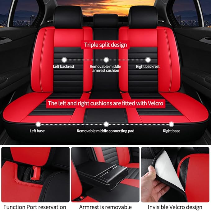 Leather Car Seat Covers for Volkswagen Golf Alltrack 2017-2019,Car Seat Covers Full Set,Seat Covers with Safety,Waterproof Seat Cover Compatible Airbag(5pcs Black&Red Bars Luxury)