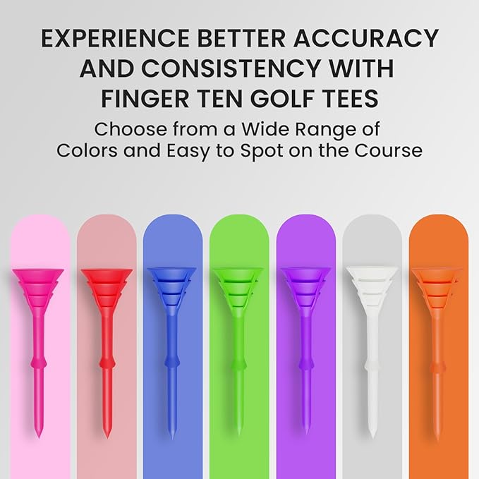 FINGER TEN Unbreakable Golf Tees Plastic 3 1/4 inch Value 50/100 Pack, Low Friction & Low Ball Spin Long Tees to Improve Distance & Accuracy, Durable Tees with Assorted Colors to Practice