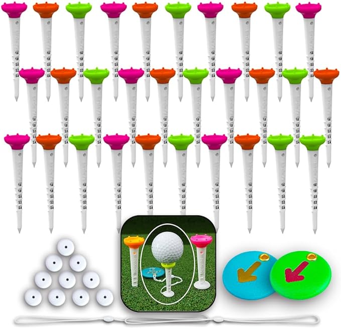 Big Easy Golf Tee Set – Magnetic Tee Keeper, 3.25" Tees with Height Adjust, Direction Guide, 6-Prong Low-Friction Head, Silicone Stopper – (15 pcs/1pack or 30pcs/1Pack), 3-Bright Colors