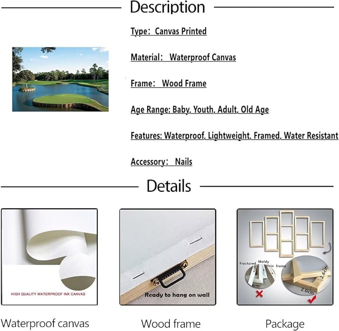 chenchenArt USA Golf Course Wall Art TPC Sawgrass Golf Course Pictures Canvas Prints Golf Wall Decor for Living Room Bedroom Bathroom Home Decorations Framed Ready to Hang(28''H x 44''W)