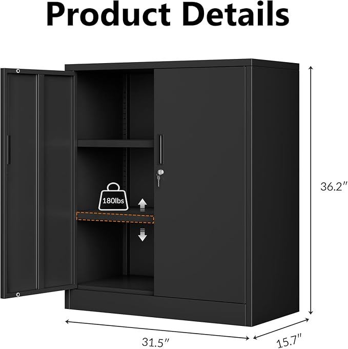 CJF Metal Storage Cabinet, 36.2" H Locking Storage Cabinet with Shelves and Doors, Metal Cabinets for Home Office, Garage, Utility Room and Basement (Black)