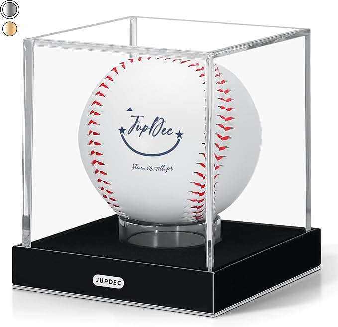 JupDec Baseball Display Case, Clear Acrylic Cube Baseball Holder with Durable Base, UV Protected Autograph Stand Box for Single Ball, Ideal Gift for Collector & Sports Enthusiast, Silvery, 1 Pack