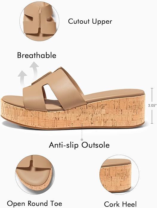 Coutgo Womens Platform Wedge Sandals Open Toe Slip On Slides Cork Heeled Comfortable Shoes