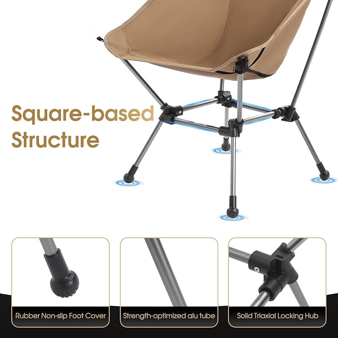 Portable Camping Chair Plus, Larger & Roomier, Compact and Lightweight, Folding Chair for Backpacking & Hiking, 330Lbs Capacity, Khaki