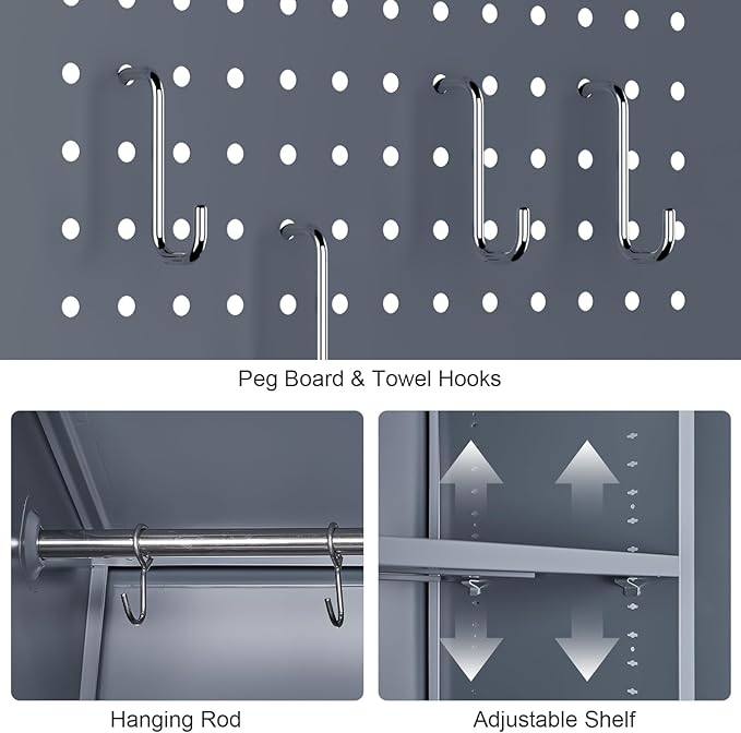 GREATMEET 65" H Broom Closet, Broom Closet Cabinet with Pegboard and Hanging Rod, Cleaning Tool Storage Cabinet, Tall Metal Utility Closets with Locking Doors for Bathroom, Garage