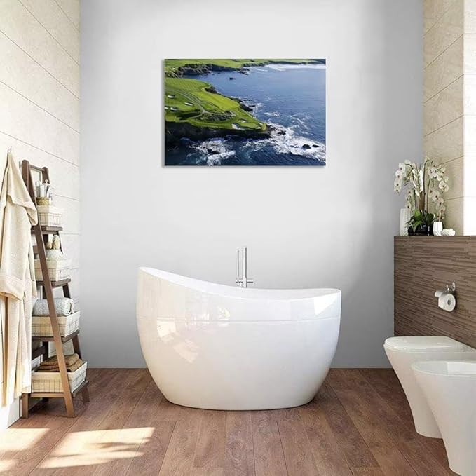 Pebble Beach Golf Course Canvas Wall Art for Living Room Bedroom Bathrooom Home Decorations California Coastal Golf Course Picture Poster Framed Artwork Ready to Hang(12''H x 16''W)